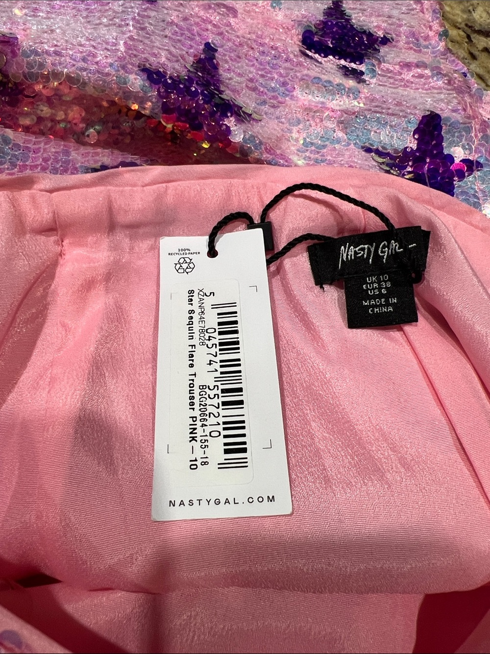 Nasty Gal Pink Purple Star Sequin Star HighRise Party Flare Pants US6 - Picture 7 of 13